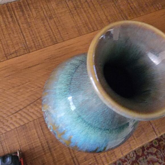 Vintage Drip Glaze Ceramic Vase in Teal and Brown with Flared Rim 8.5 Inch Tall - Picture 9 of 10